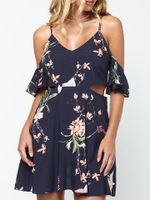 Sexy Floral Print Cold Shoulder Hollow Backless Cami V-neck Dress