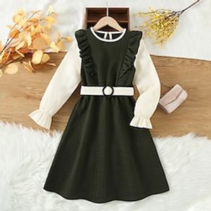 Kids Girls' Back to School Dress Solid Color Casual Dress Above Knee Dress Outdoor Ruffle Crew Neck Long Sleeve Fashion Dress 7-13 Years Fall Army Green Lightinthebox