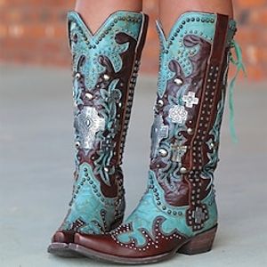 Women's Boots Cowboy Boots Plus Size Outdoor Work Daily Color Block Knee High Boots Winter Rivet Embroidery Block Heel Chunky Heel Pointed Toe Square Toe Elegant Vintage Fashion PU Zipper Blue miniinthebox