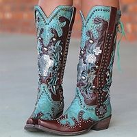 Women's Boots Cowboy Boots Plus Size Outdoor Work Daily Color Block Knee High Boots Winter Rivet Embroidery Block Heel Chunky Heel Pointed Toe Square Toe Elegant Vintage Fashion PU Zipper Blue miniinthebox - thumbnail