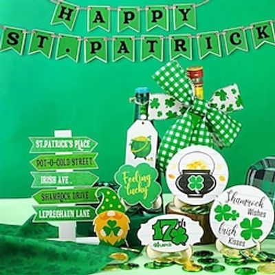 Happy St. Patrick's Day Tiered Tray Decor Set, Green Shamrock Golden Coin Wood Sign, Cutout Letter Sign For St. Patrick's Day Home Kitchen Table Shelf Decoration Lightinthebox