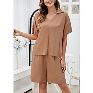 Women's Home Rayon Blouse Swim Trunk everyday V Wire Loungewear Short Sleeve Wide Leg Spring  Summer Solid Color S Khaki Lightinthebox