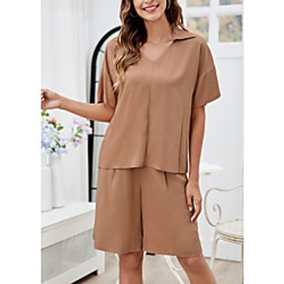 Women's Home Rayon Blouse Swim Trunk everyday V Wire Loungewear Short Sleeve Wide Leg Spring  Summer Solid Color S Khaki Lightinthebox