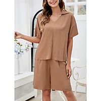 Women's Home Rayon Blouse Swim Trunk everyday V Wire Loungewear Short Sleeve Wide Leg Spring  Summer Solid Color S Khaki Lightinthebox - thumbnail