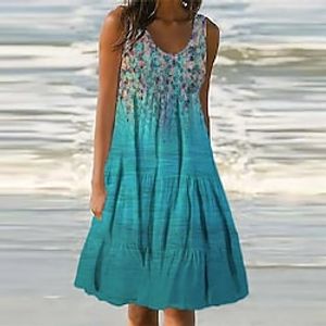 Women's Shift Dress Knee Length Dress Green Blue Purple Fuchsia Light Blue Sleeveless Floral Color Gradient Pocket Print Spring Summer U Neck Casual Vacation 2022 S M L XL XXL 3XL miniinthebox