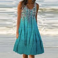 Women's Shift Dress Knee Length Dress Green Blue Purple Fuchsia Light Blue Sleeveless Floral Color Gradient Pocket Print Spring Summer U Neck Casual Vacation 2022 S M L XL XXL 3XL miniinthebox - thumbnail