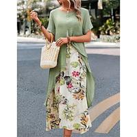 Women's Casual Dress Summer Dress Floral Button Print Crew Neck Midi Dress Streetwear Street Holiday Short Sleeve Loose Fit Green Summer S M L XL 2XL Lightinthebox