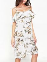 Casual Floral Print Cold Shoulder Flouncing O-neck Mini Dress