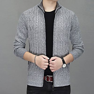 Men's Unisex Stylish Vintage Style Zipper Front Embroidery Stripe Knitted Geometric Abstract Cardigan Sweater Long Sleeve Sweater Cardigans Stand Collar Fall Winter Wine Dusty Blue Light gray Lightinthebox