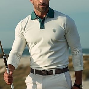 Men's Polo Shirt Golf Shirt Casual Sports Lapel Long Sleeve Fashion Basic Color Block Classic Spring   Fall Regular Fit White Polo Shirt Lightinthebox