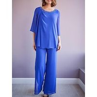 Jumpsuits Mother of the Bride Dress Wedding Guest Elegant Scoop Neck Ankle Length Chiffon 34 Length Sleeve with Sequin Ruching 2023 Lightinthebox - thumbnail