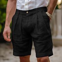 Men's Shorts Linen Shorts Summer Shorts Pleated Shorts Pocket Pleats Straight Leg Plain Comfort Breathable Knee Length Formal Work Daily Fashion Streetwear Black White Inelastic Lightinthebox