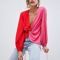 Women's Summer Tops Color Block Casual Lantern Sleeve Pink Red Long Sleeve Fashion V Neck Loose Fit Summer Lightinthebox