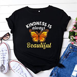 Women's T shirt Graphic Butterfly Letter Print Round Neck Tops 100% Cotton Basic Basic Top White Black Blue Lightinthebox