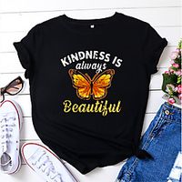 Women's T shirt Graphic Butterfly Letter Print Round Neck Tops 100% Cotton Basic Basic Top White Black Blue Lightinthebox - thumbnail