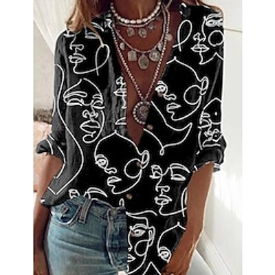 Women's Shirt Blouse Black White Abstract Portrait Button Print Long Sleeve Casual Daily Basic Standing Collar Long Portrait S miniinthebox Women's Shirt Blouse Black White Abstract Portrait Button Print Long Sleeve Casual Daily Basic Standing Collar Long Portrait S miniinthebox