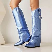 Women's Boots Slip-Ons Cowboy Boots Plus Size Party Knee High Boots Rivet Chunky Heel Pointed Toe Bohemia PU Solid Color Red Blue Green Lightinthebox - thumbnail