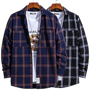 Men's Shirt Tartan Turndown Black Blue Navy Blue Gray Outdoor Street Long Sleeve Button-Down Clothing Apparel Fashion Breathable Comfortable  Fall  Spring Lightinthebox