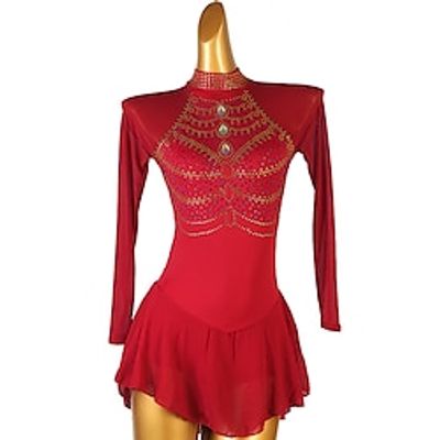 Figure Skating Dress Women's Girls' Ice Skating Dress Burgundy Patchwork Open Back Mesh High Elasticity Training Competition Skating Wear Classic Crystal  Rhinestone Long Sleeve Ice Skating Figure Lightinthebox