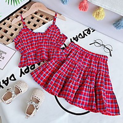 Kids Little Girls' Dress Houndstooth Print Red Green Knee-length Sleeveless Basic Dresses Summer Regular Fit 3-8 Years miniinthebox