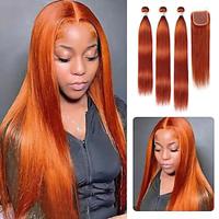 Colored Hair Bundles With Closure #350 Ginger Brazilian Human Hair Weaving With 44 Closures Bone Straight Hair Extension Lightinthebox