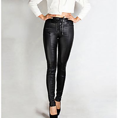 Women's Fashion Skinny Drawstring Pocket Full Length Pants Daily Weekend Micro-elastic Plain Comfort Mid Waist Black S M L XL XXL  Fleece Lining Lightinthebox