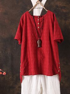 Casual Plaid Short Sleeve High Low Hem T-Shirt