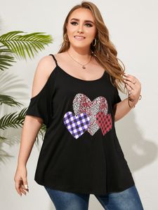 YOINS Plus Size Cold Shoulder Graphic Half Sleeves Tee