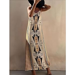 Women's Vintage Dress Casual Dress Geometric Color Block Print Backless Spaghetti Strap Long Dress Maxi Dress Vintage Ethnic Holiday Date Sleeveless Regular Fit Khaki Summer S M L XL XXL Lightinthebox