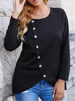 Women's Button Decorated Round Neck Long Sleeve Casual T-Shirt