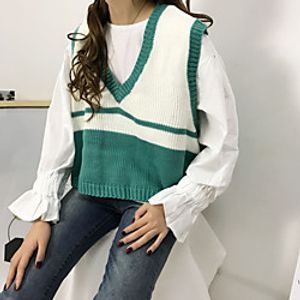 Women's Vest Modern Style Stripes Stylish Casual Sleeveless Loose Sweater Cardigans V Neck Fall Winter Purple Yellow Green Lightinthebox