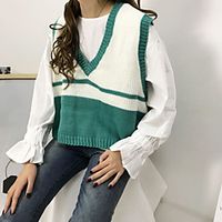Women's Vest Modern Style Stripes Stylish Casual Sleeveless Loose Sweater Cardigans V Neck Fall Winter Purple Yellow Green Lightinthebox - thumbnail