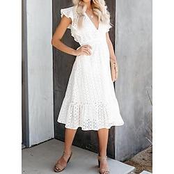 Women's Summer Dress White Lace Wedding Dress Midi Dress Cotton Ruffle Trim with Sleeve Vacation Casual A Line V Neck Short Sleeve White Color Lightinthebox