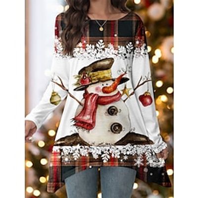 Women's Designer Shirt T shirt Tee Plaid Snowman White Print Flowing tunic Long Sleeve Christmas Weekend Fashion Round Neck Regular Fit Spring Fall Lightinthebox Women's Designer Shirt T shirt Tee Plaid Snowman White Print Flowing tunic Long Sleeve Christmas Weekend Fashion Round Neck Regular Fit Spring Fall Lightinthebox