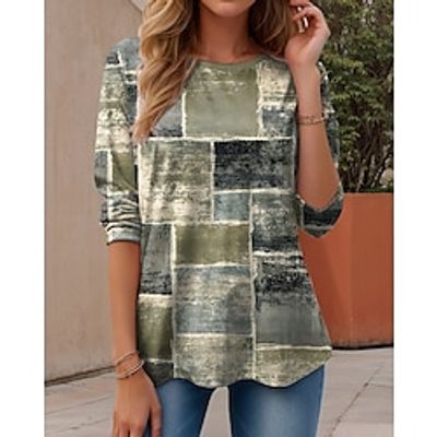 Women's T shirt Tee Plaid Brown Green Print Long Sleeve Daily Weekend Fashion Round Neck Regular Fit Spring   Fall Lightinthebox