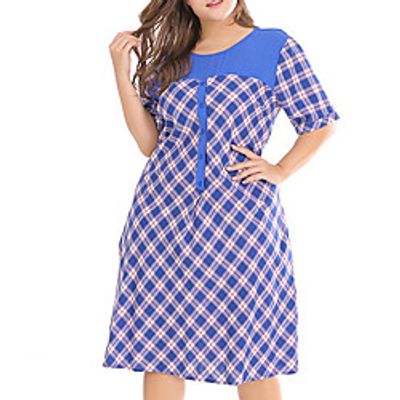 Women's Plus Size A Line Dress Plaid Round Neck Short Sleeve Summer Casual Knee Length Dress Causal Daily Dress Lightinthebox