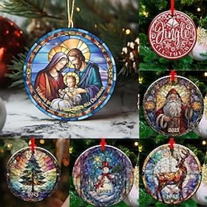 Christmas 2023 Ornament, Stained Glass Ornament Christmas Acrylic Round Pendant Stained Glass Christmas Tree Ornament for Christmas Tree Decor Christmas Round Hanging Ornament miniinthebox