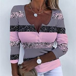 Women's T shirt Tee Color Block Yellow Pink Blue Button Print Long Sleeve Daily Weekend Fashion U Neck Regular Fit Spring   Fall Lightinthebox