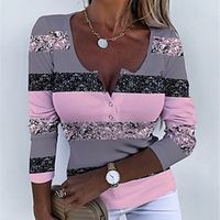 Women's T shirt Tee Color Block Yellow Pink Blue Button Print Long Sleeve Daily Weekend Fashion U Neck Regular Fit Spring   Fall Lightinthebox - thumbnail