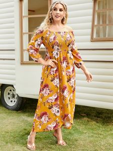 YOINS Plus Size Off The Shoulder Floral Print Shirring Maxi Dress