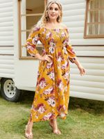 YOINS Plus Size Off The Shoulder Floral Print Shirring Maxi Dress - thumbnail