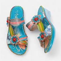 Women's Sandals Slippers Plus Size Handmade Shoes Hand-painted Outdoor Daily Beach Floral Rivet Flower Platform Wedge Round Toe Bohemia Vintage Casual Walking Premium Leather Loafer Royal Blue Lightinthebox