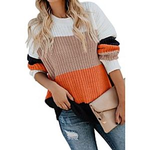 Women's Basic Knitted Color Block Pullover Acrylic Fibers Long Sleeve Sweater Cardigans Crew Neck Round Neck Winter Blushing Pink Orange Brown miniinthebox