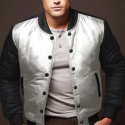 Men's Bomber Jacket Casual Jacket Outdoor Daily Wear Warm Button Fall  Winter Color Block Fashion Streetwear Stand Collar Short Black White Light Grey Dark Gray Jacket Lightinthebox