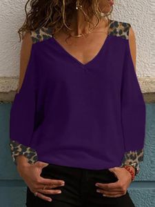 YOINS Purple Leopard Patchwork Cold Shoulder Long Sleeves Tee
