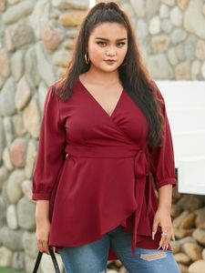 YOINS Plus Size V-neck Belt Design Ruffle Trim Wrap Design 3/4 Length Sleeves Blouse