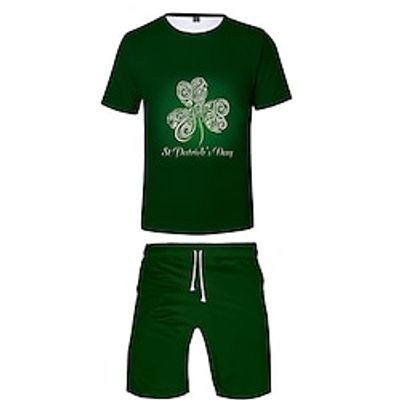 Men's Matching Sets Dark Green T shirt Tee Beach T Shirt Shorts Beach Shorts Sets Short Sleeve Crew Neck Casual Daily St. Patrick's Day Cartoon Drawstring Elastic Waist Polyester Summer Lightinthebox