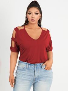 YOINS Plus Size V-neck Hollow Design Short Sleeves Tee