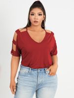 YOINS Plus Size V-neck Hollow Design Short Sleeves Tee - thumbnail