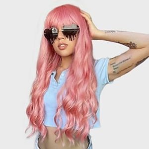 Pink Wigs for Women Synthetic Long Wavy Pink Wig with Bangs for Cosplay Party Use 24 Inch Lightinthebox